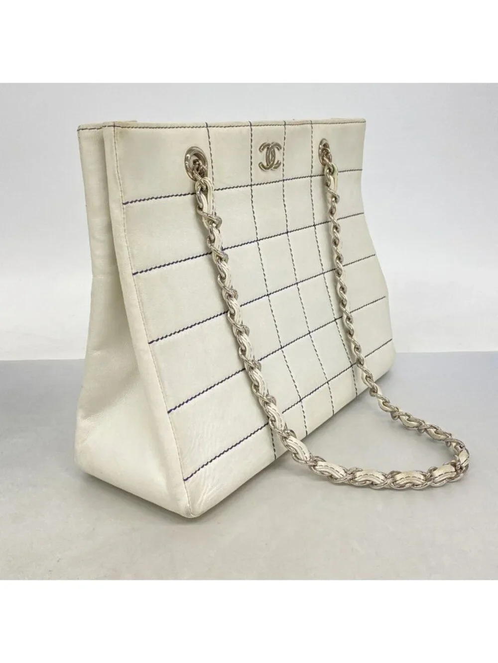 Chanel Chain Tote Wild Stitch Choco Bar Leather White Silver